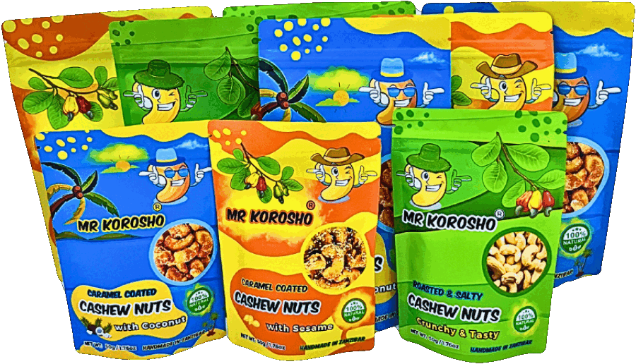 Mr. Korosho caramel-coated cashew nut packs