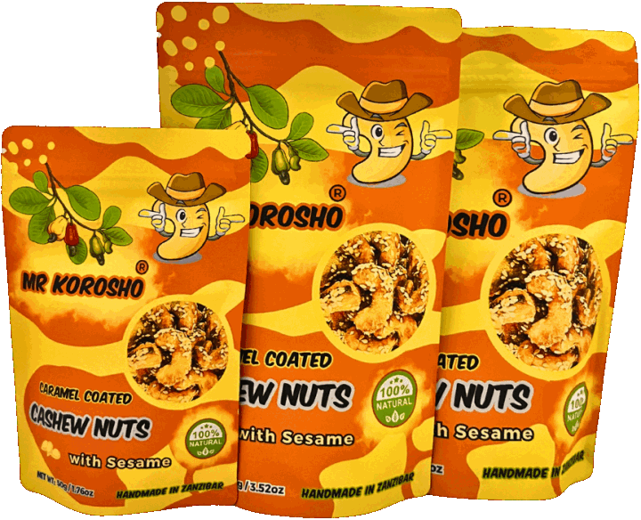 Mr. Korosho caramel-coated cashew nuts with sesame, retail packs